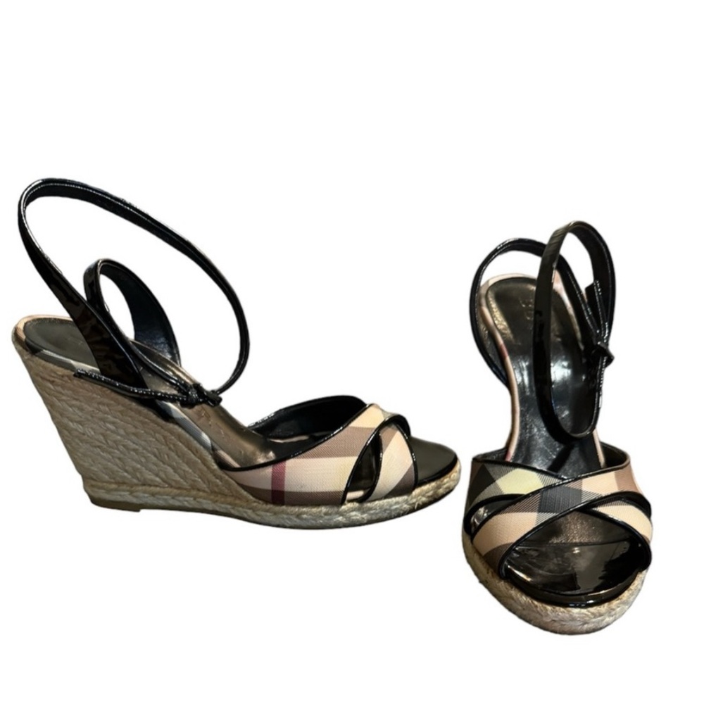 Burberry Black and Tan Wedge Sandals